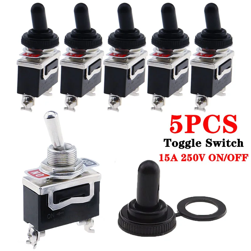 5pcs Power SPST Rocker Switch 2 Pin Heavy 15A 250V ON/OFF Rocker Toggle Switch with Waterproof Boot Cap E-TEN1021