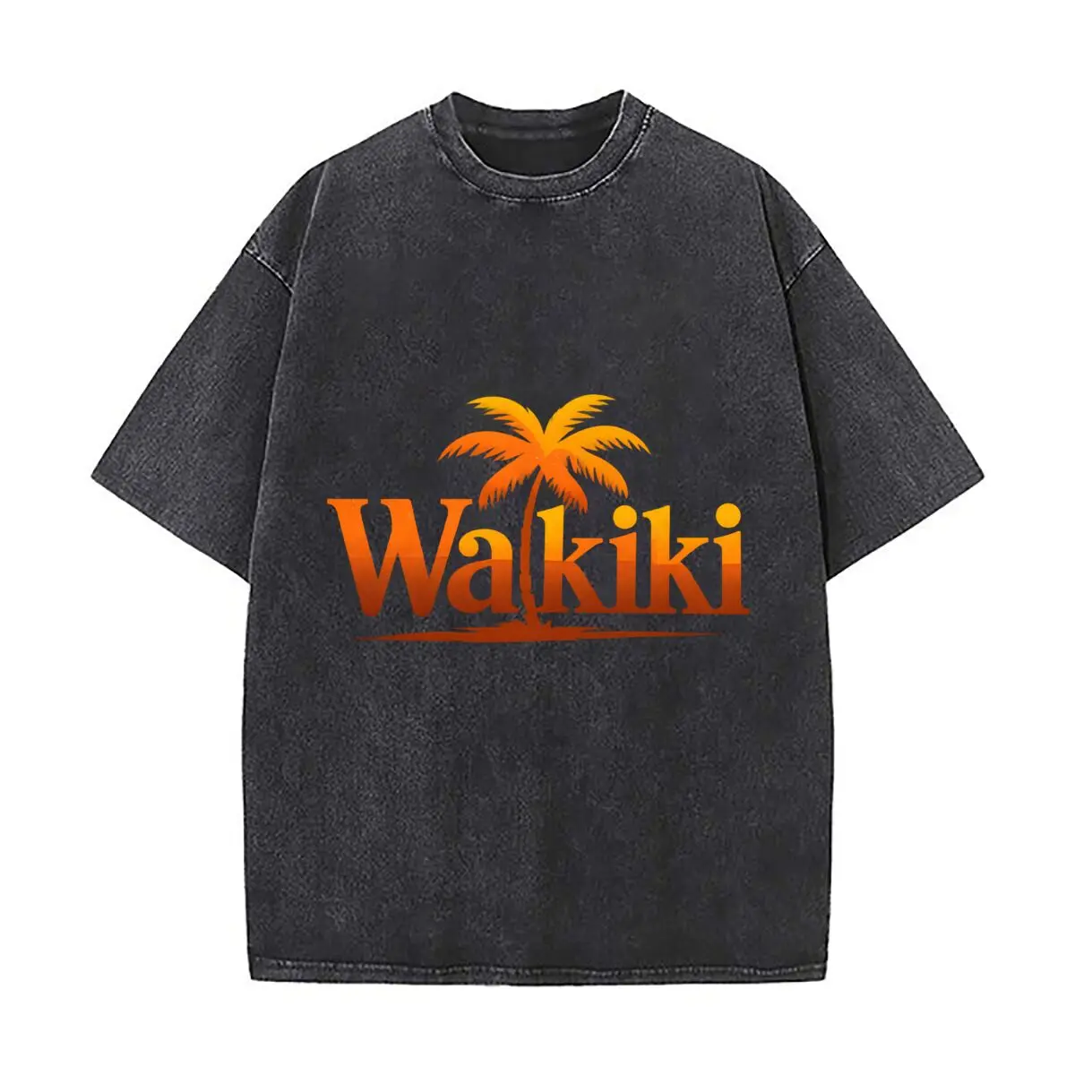 Waikiki Tropical Sunset Palm Tree Graphic Washed Short Sleeve Loose Streetwear Tee Hip Hop