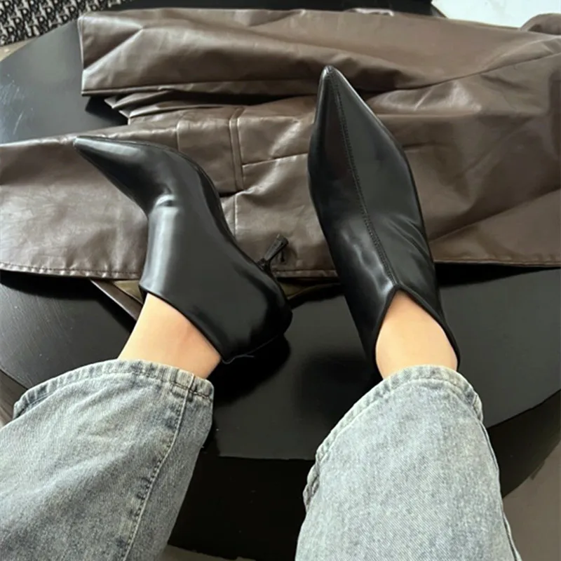 2024 Autumn Pointed Toe Ankle Boots Women High Quality Cozy PU Leather Thin Heels Black Women Pumps Party Banquet Chelsea Boots