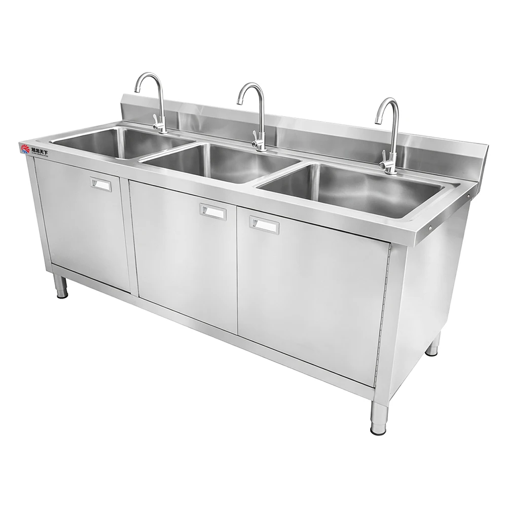 Freestanding Stainless Steel Triple Bowl Kitchen Sink Cabinet Commercial Catering Wash Basin For Hotel Kitchen
