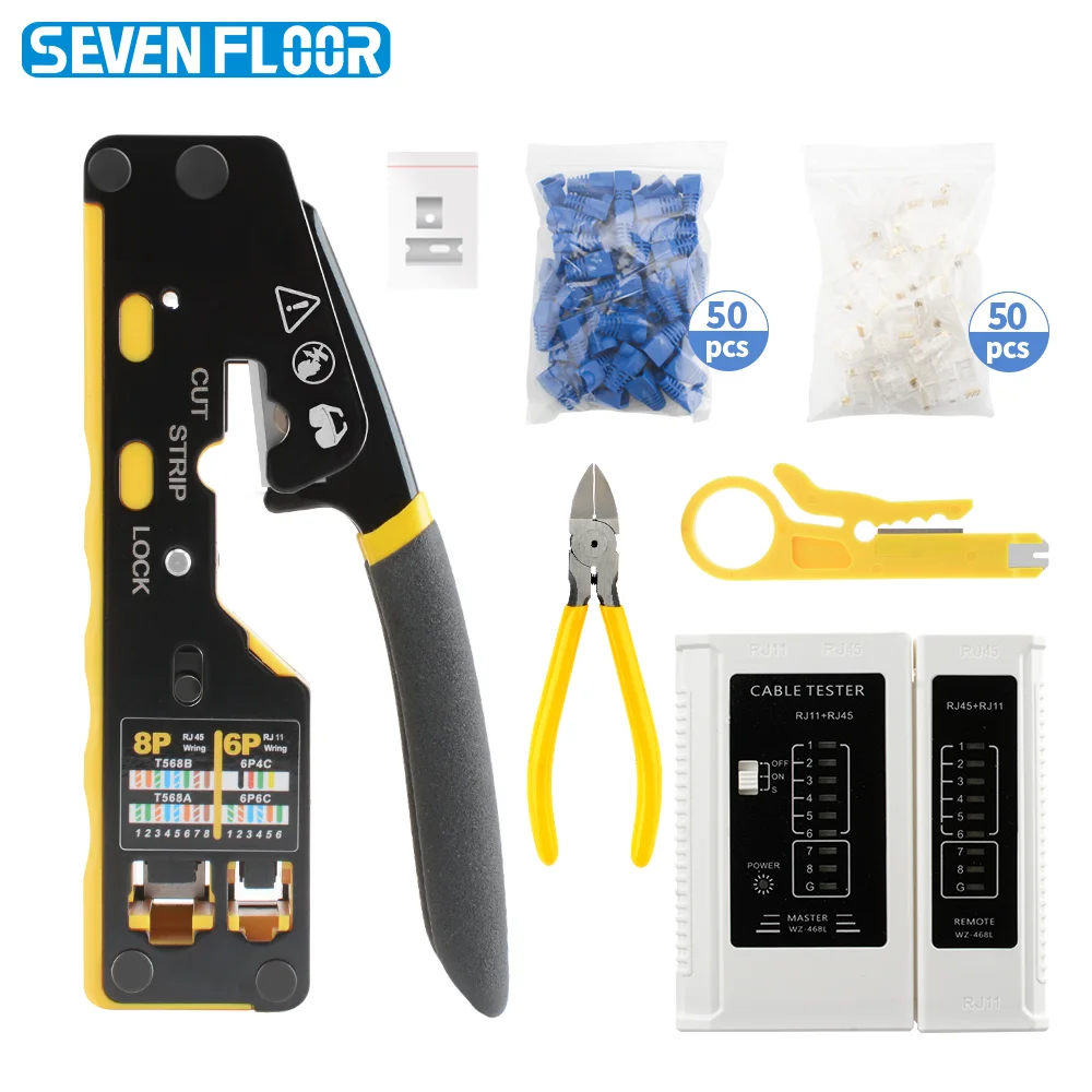 8 in 1 RJ45 Crimp Tool Kit Pass Through Cat6 Cat5e with Cable Tester Stripper Cutter 50Pcs Connectors Boots