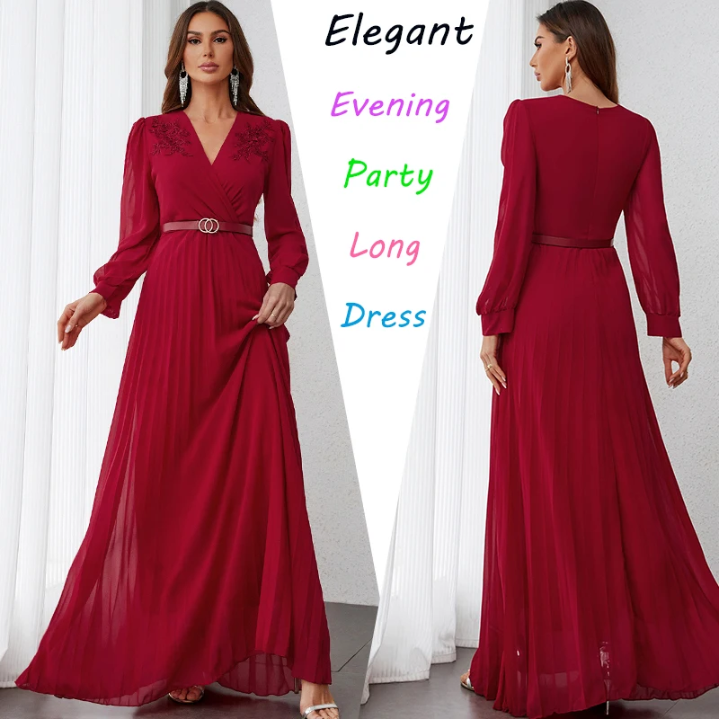 

2024 Women Slim Flounce Evening Dress Female Spring Autumn Commuting Maxi Dresses Lady V-neck Long Floor-Length Vestidos