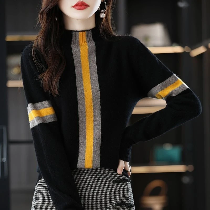 Autumn Winter High Collar Patchwork All-match Sweater Female Loose Casual Bottoming Jumpers Top Women Fashion Knitted Pullovers