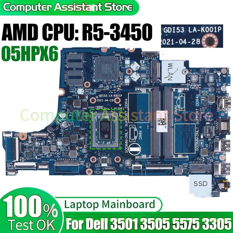 

For Dell 3501 3505 5575 3305 Laptop Mainboard LA-K001P 05HPX6 YM3450 R5-3450 100％test Notebook Motherboard