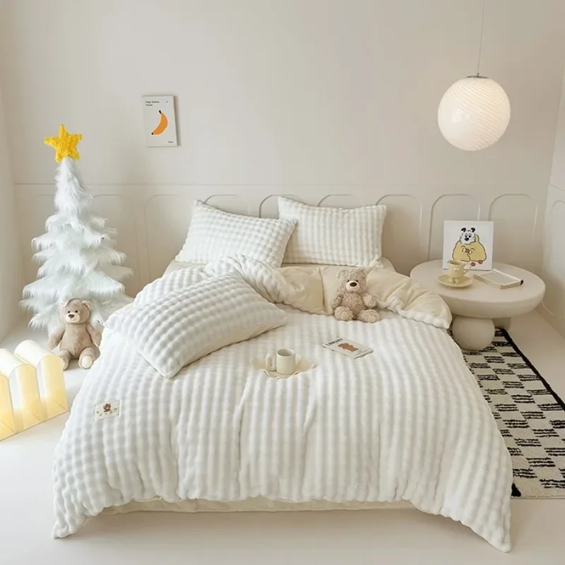 Solid Color Simple High Gram Heavy Bubble Rabbit Plush Four-Piece Set Autumn and Winter Thickened Fleece Kit Bedding