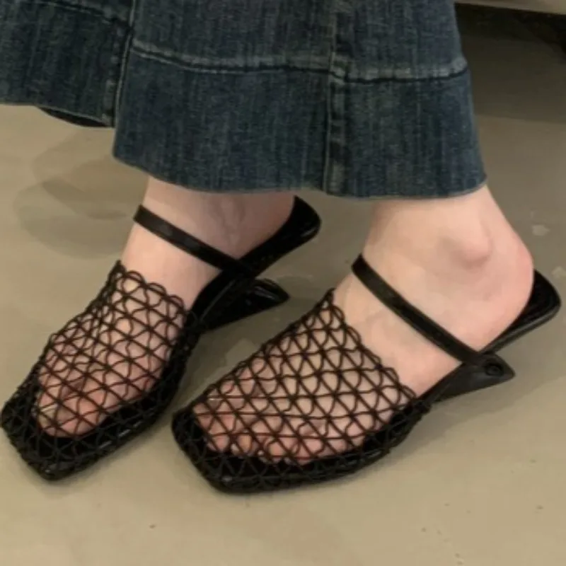 

Летние уличные дизайнерские полутапочки в сеточку на танкетке для женщин, удобные сандалии на высоком каблуке из тканой сетки, размер 34-41
