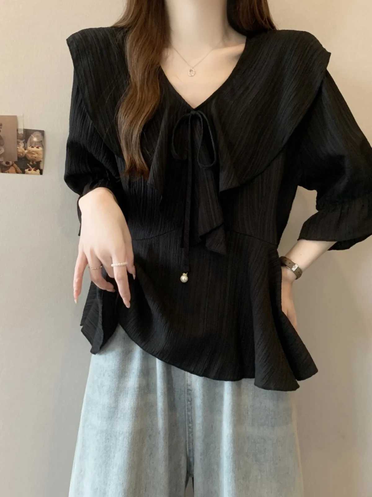 

plus Size V-Ne ort Sve irt Women Summer Loose Seven-Foot Sve Chiffon Top Korean Sle Straight Cut Knot