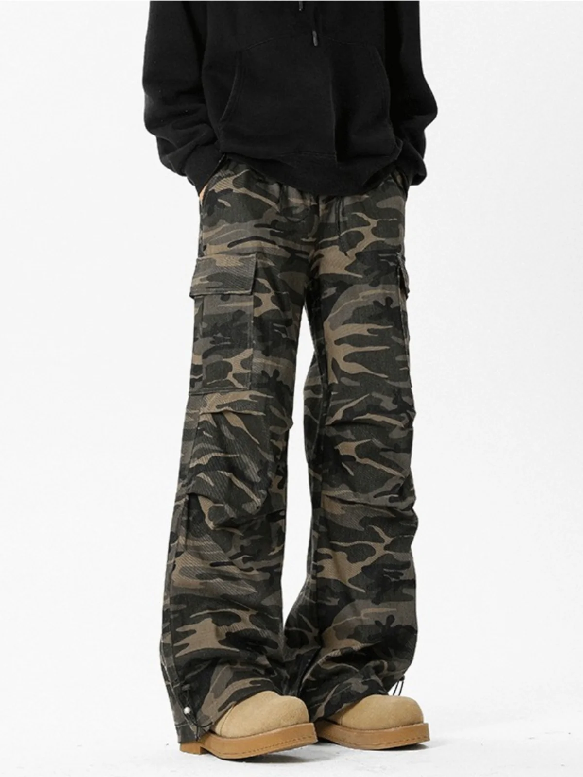 

American Vintage Camouflage Pants Men's Autumn Winter Loose Wide Leg Straight Cut Multi ket Workwear Trousers for Couples