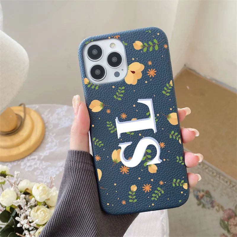 Personalised Name initial PU Pebble Leather cute Flower Case for iphone 11 12 14 13 15 Pro Max XS XR 14 15Plus Luxury Hard Cover