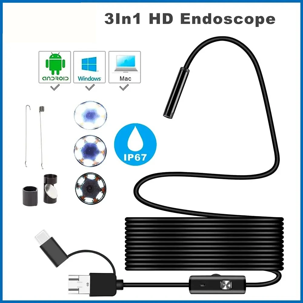 Endoscope Camera 7MM Android 3 IN1 Micro/USB/Type C Borescope Mini Camera Waterproof LED Car Inspection For HUAWEI XIAOMI PC