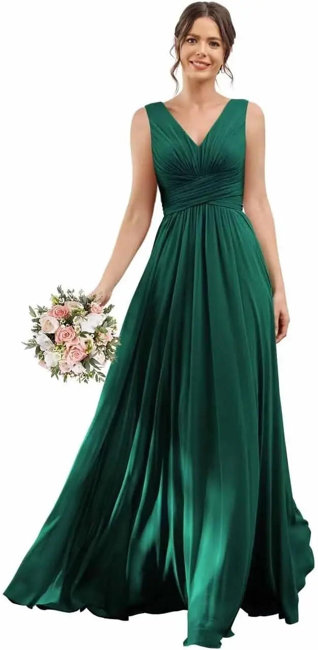 

Women's Double V-Neck Bridesmaid Drsses with Slit Long Pleated Chiffon Evening Party Gowns Prom Dresses