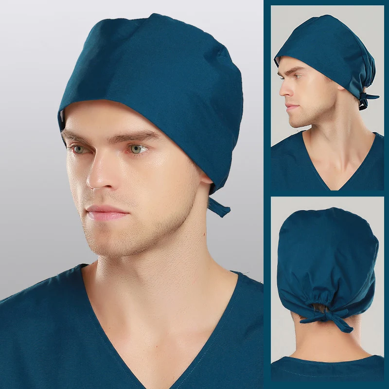 Unisex Medical Scrub Cap Surgical Hats Nurse Accessories 100% Cotton with Tieback Navy Chef Dentist Clinical Hat Women Man