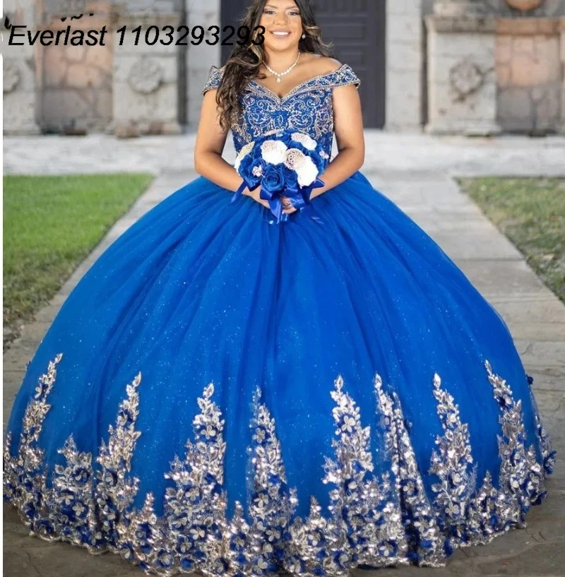 

EVLAST Королевское синее платье Quinceanera бальное платье серебряное кружево аппликация бисером с открытыми плечами мексиканское милое 16 Vestido 15 лет TQD256