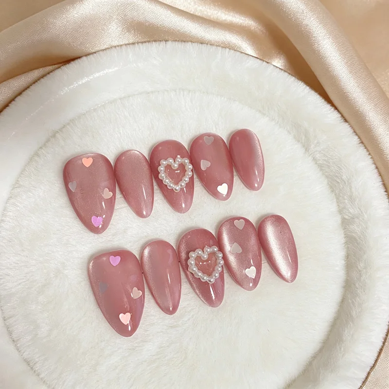 10pcs Almond Handmade Press On Nails Pink Cat Eye Simple Fake Nails Glitter Wearable Decoration False Nails Full Cover Tips Art