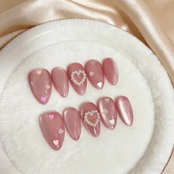 10pcs Almond Handmade Press On Nails Pink Cat Eye Simple Fake Nails Glitter Wearable Decoration False Nails Full Cover Tips Art
