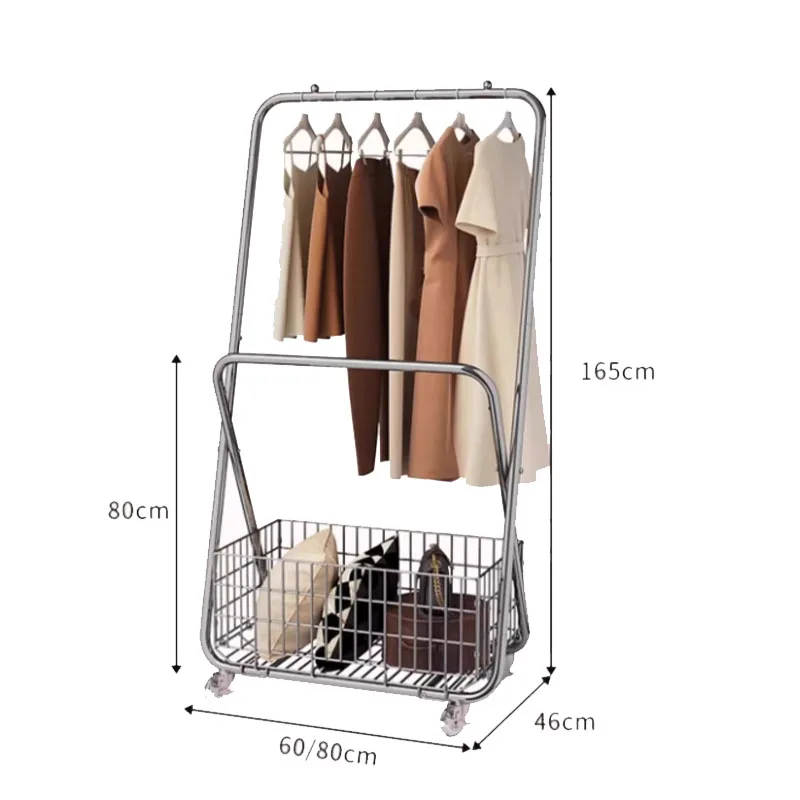 Foldable Rolling Clothes Rack Dual Bar Garment Hanging Rack with Large Mesh Storage Basket for Bedroom Small Apartment Entryway
