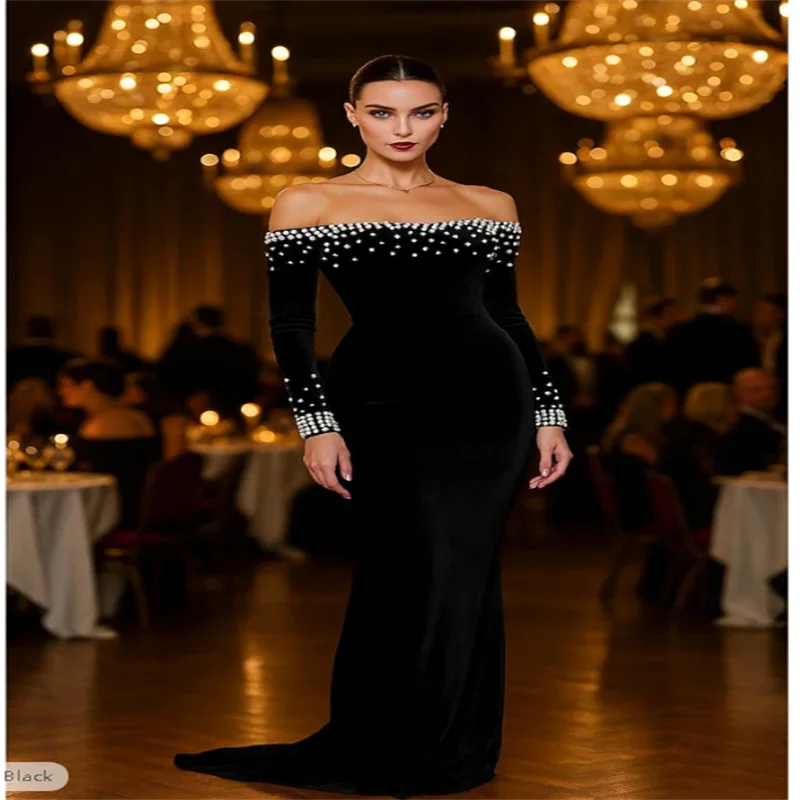 ربطة عنق سوداء مطاطية مخملية حورية البحر / بوق ثوب مسائي فستان أنيق لؤلؤ زفاف رسمي سويب / ذيل فرشاة كم طويل معطلة