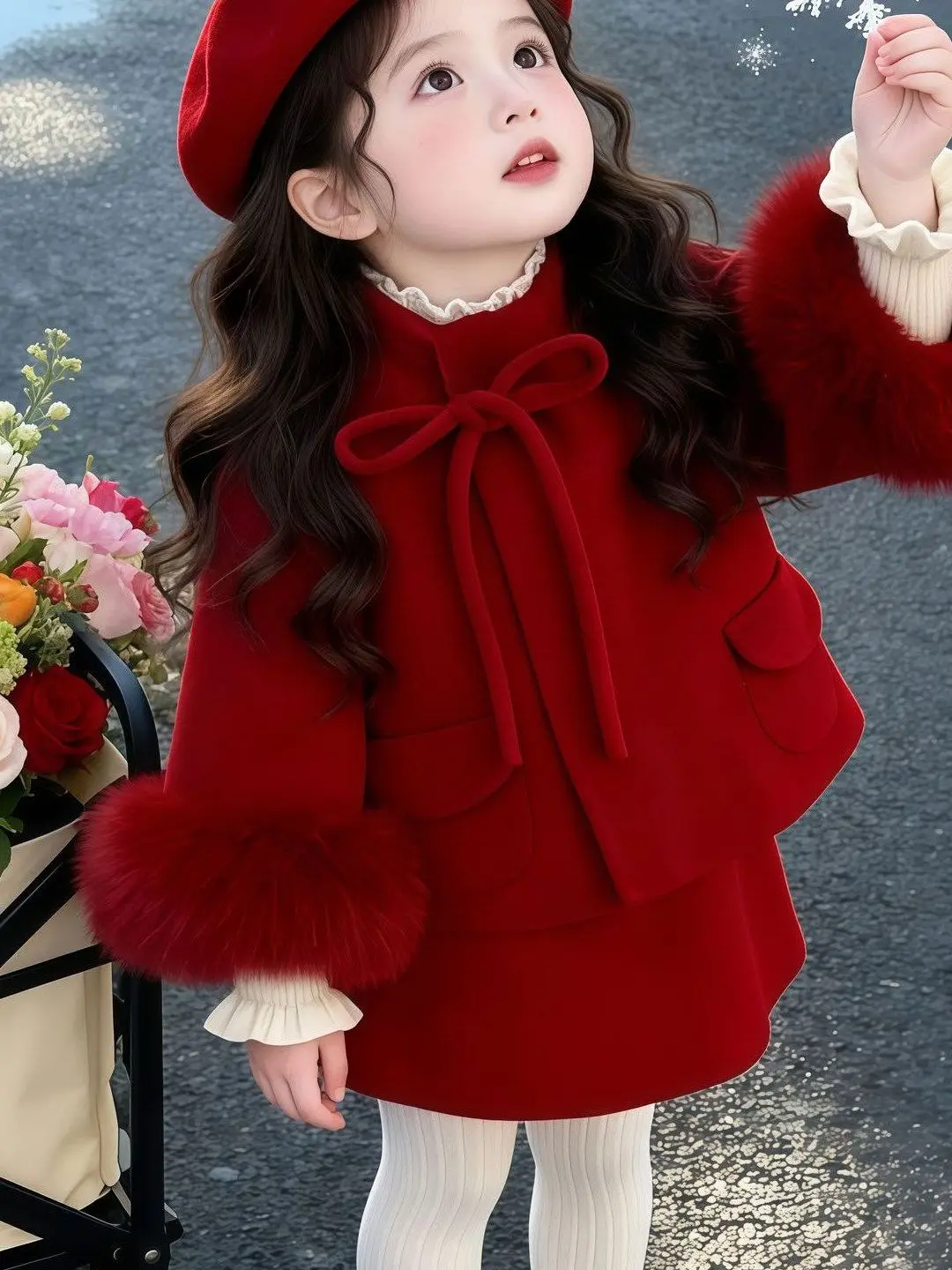Girls' Festive New Year Outfit Set Winter Warm Woolen Coat And Skirt Two-Piece Set Fashionable Children's Baby Small Fragranc...