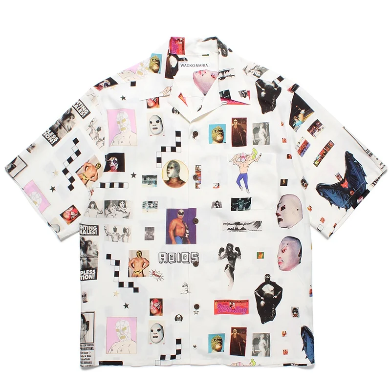 WACKO MARIA 25SS Mens Womens Trendy Summer New Full Print Film Wrestling Portrait Casual Graffiti Hawaii Short Sleeve Shirt