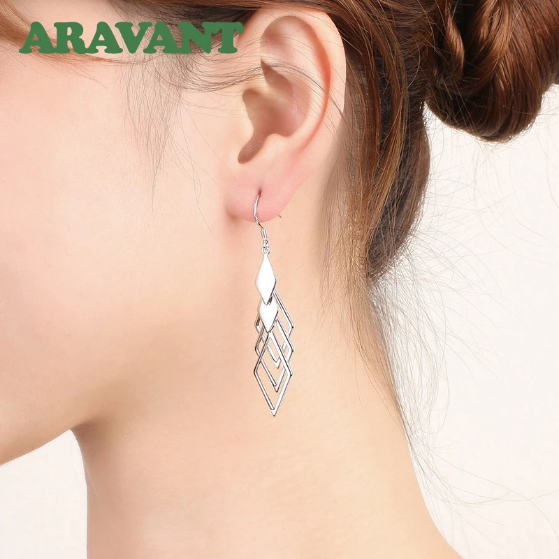 Aravant 925 Silver Hollow Geometric Long Drop Earrings For Women Fashion Jewelry