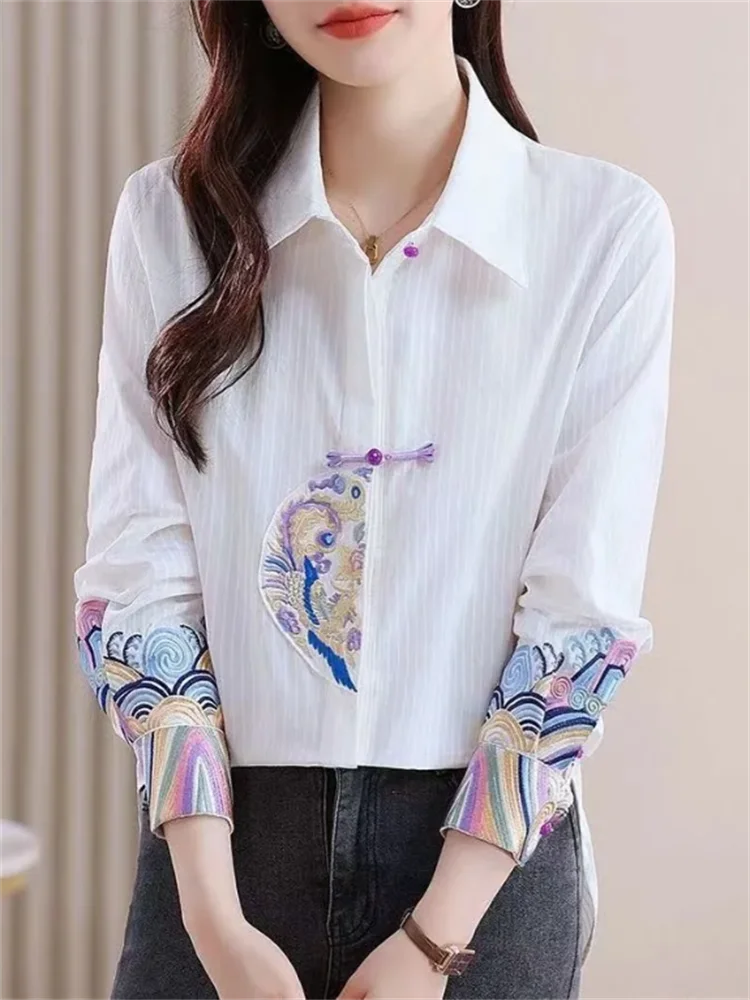 Retro Blouse Women\'s Shirt Embroidery Blouses Chinese Style Woman Clothes Shirts Laple Cardigan Top Casual Loose Female Shirt