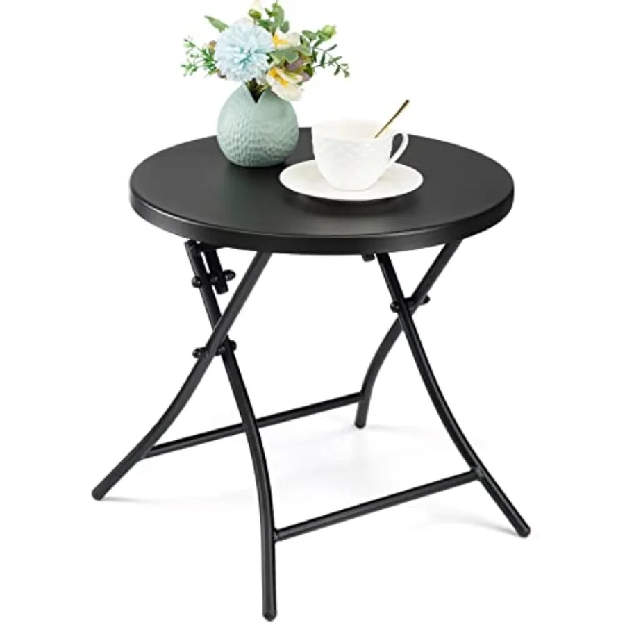 

Outdoor Side Table Folding Round Metal End Table Weather Resistant Small Patio Accent Table for Porch Yard Balcony Deck All Bla