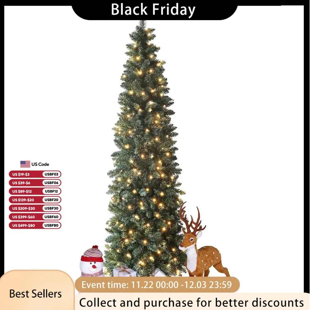 Christmas Tree 6FT Artificial Pencil Slim Prelit with 250 LED Lights 680 Tips for Indoor Home Holiday Decoration Christmas Tree