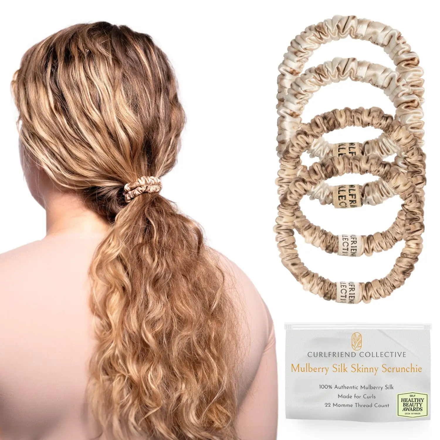 

Authentic Mulberry Silk Skinny Hair Match Scrunchies for Women, Anti Breakage Hair Ties for Curly