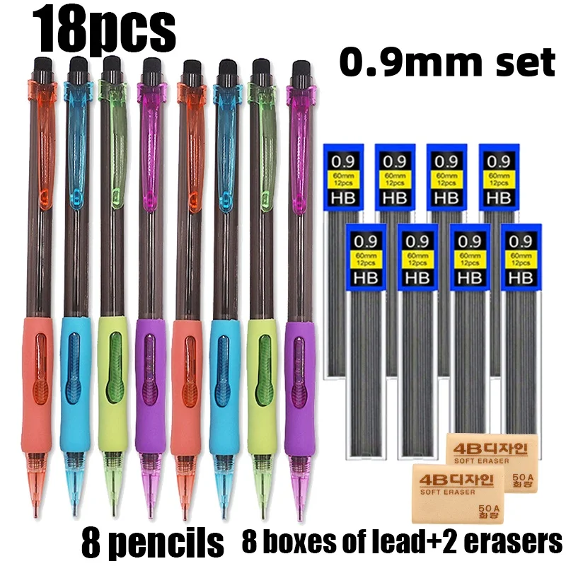 4 Stück/4 Box/18 Stück Set 0,5/0,7/0,9 mm seitliches automatisches Bleistift-Set, Aktivitäts-Druckbleistift, Schulschreib- und Zeichenzubehör – Detail 7