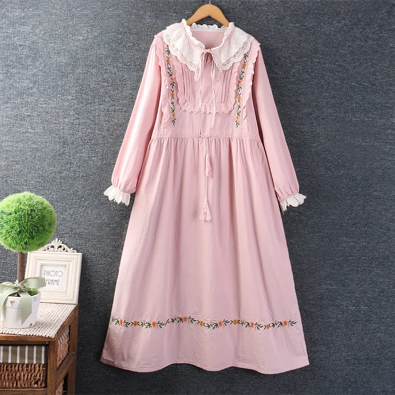 Spring Sweet Mori Girl Floral Embroidered Dress Women Long Sleeve Ruffle Peter Pan Collar Casual Loose Midi Dresses