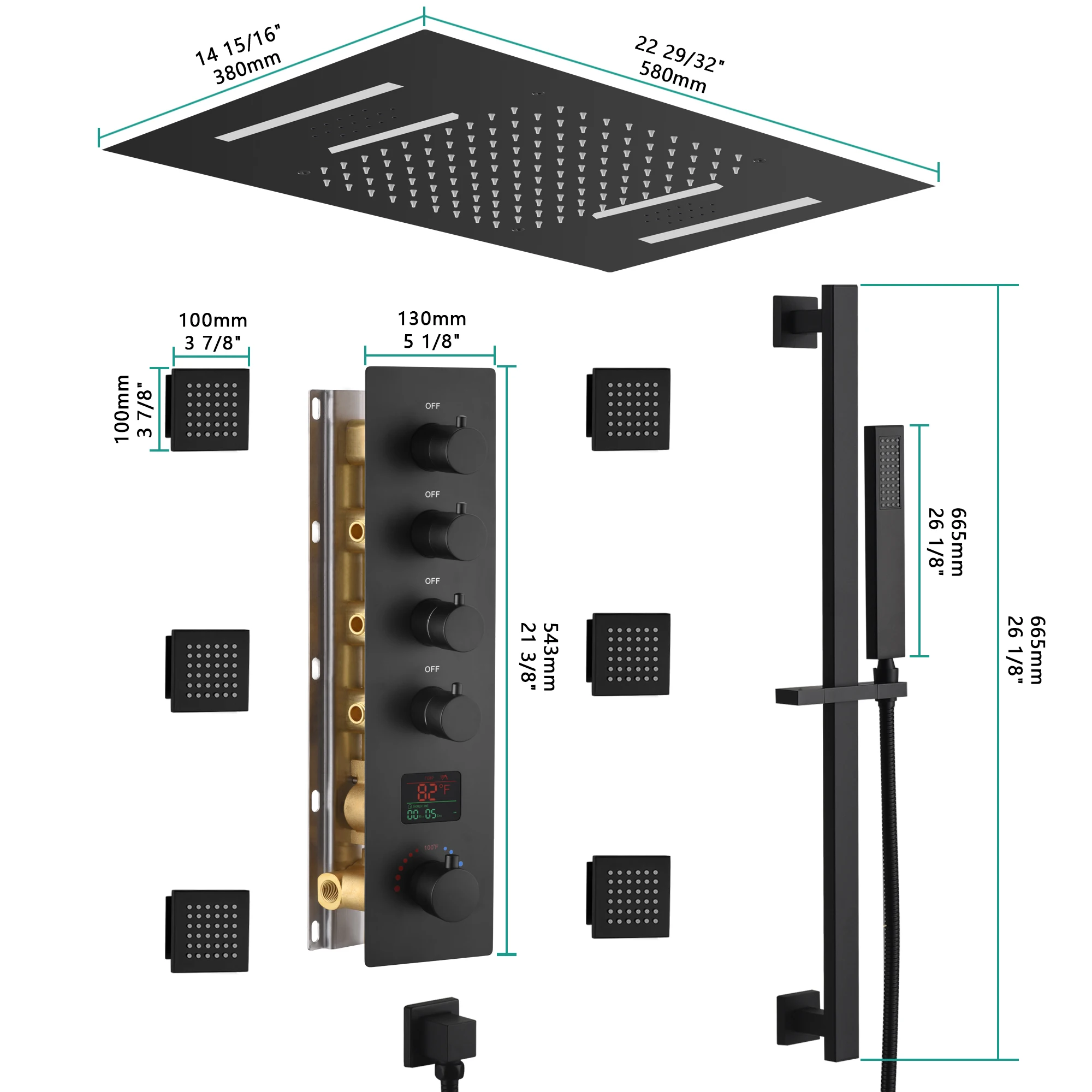 

380 мм * 580 мм из нержавеющей стали, 4-функциональный светодиодный термостат, цифровой черный смеситель для душа с музыкой для ванной комнаты