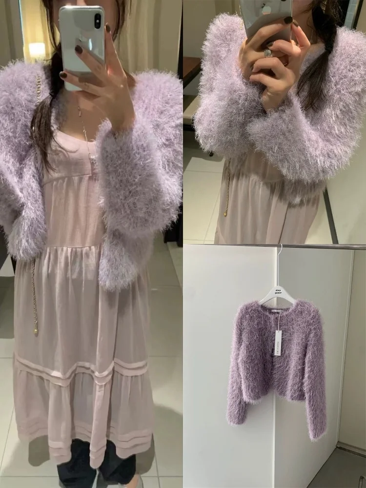 

Мягкий фиолетовый свободный вязаный кардиган Aosphere женский повседневный длинный све V-Ne ort длина цвет весенняя мода