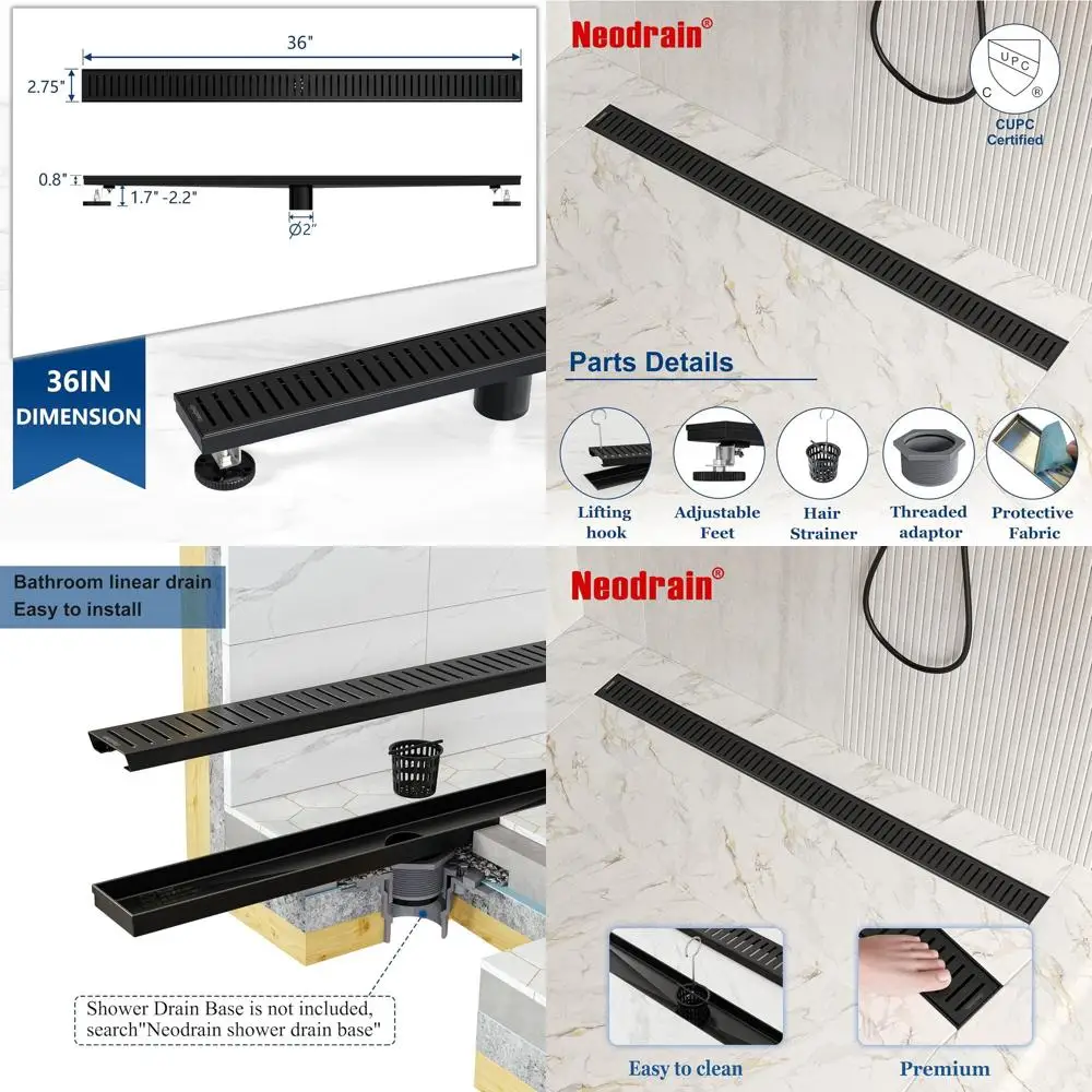 36 Matte Black Linear Shower Drain with Removable Grate, 304 Stainless Steel, CUPC Certified, Hair Strainer Included