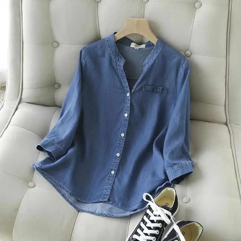 New Fashionable Seven-Quarter Sleeve Women's Shirt  Draped Collar Slimming Jeans plus Size Top Thin Retro V Jacket