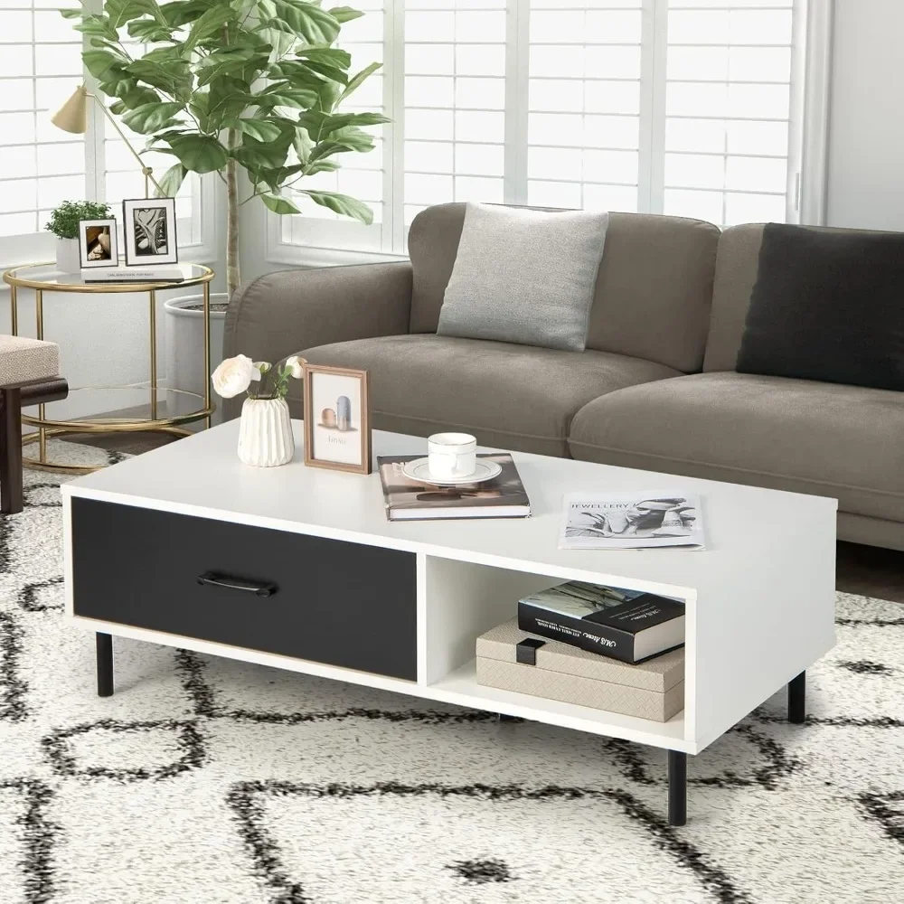 

Rectangular Coffee Table, Modern Wood Sofa Side Table w/ 1 Drawer & Storage Shelf, Center Table w/Open Cubby, Home TV Stand