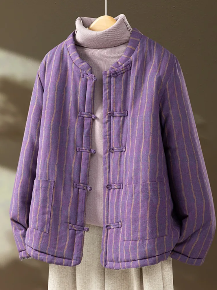 

Женская зимняя хлопково-льняная куртка в фиолетовую полоску в стиле ретро, высококачественное хлопковое пальто на пуговицах, повседневное повседневное пальто для поездок на работу