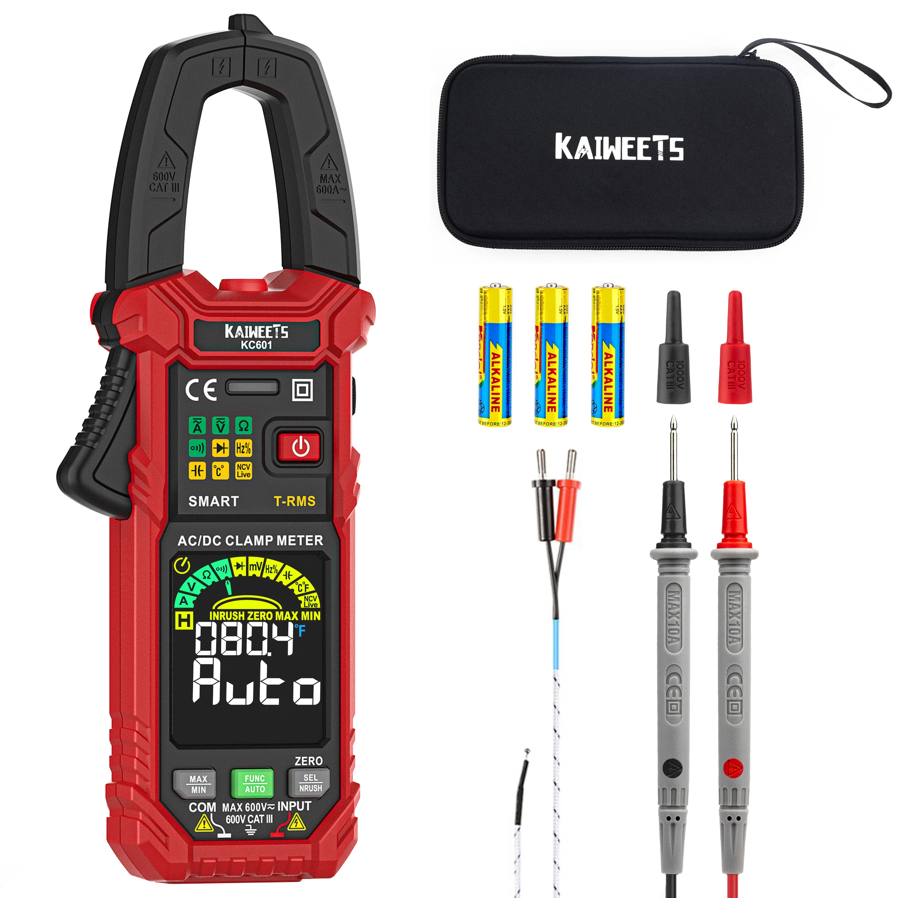 KAIWEETS KC601 AC/DC Current Digital Clamp Meter 6000 Counts 600A Amp Multimeter Large Color Screen Voltage Tester Meters
