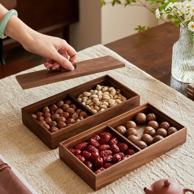 Solid Wood Rectangle  Divided Dry Fruit Box with Lid ,Household Living Room Desktop Snack Plate Nut Melon Seed  Storage Boxes