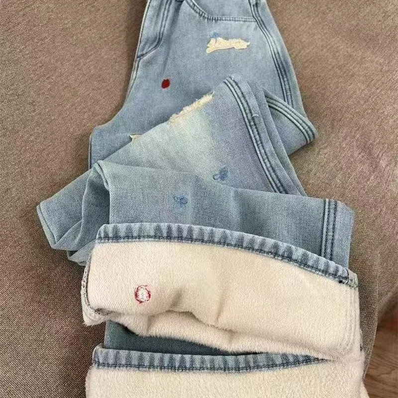 

Fleece Lined Thickened Bell Bottom Jeans Women's High Waist Slimming Elastic Straight Leg Wide Leg Hoof Pants