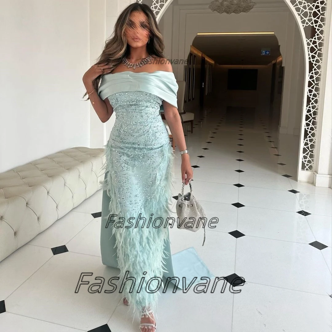 Fashionvane Sparkling Sequins Feathers Luxury Prom Dresses Bateau Neck Long Flutters Evening Party Dress for Saudi Arabia Women