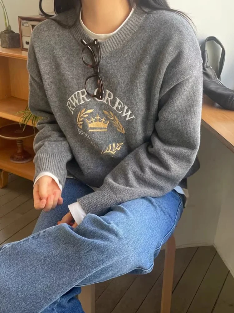 Retro Chic Long Sve Knitted Sweater Women's Heavy Embroidery Letter Pattern Flower Tassel Versatile Autumn Winter Knitwear