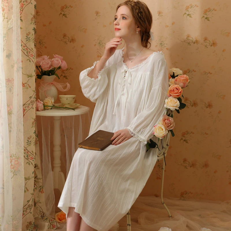 Leisure Pregnant Women's Sleep Dress Sweet Princess Cotton Maternity Dress O-Neck Loose Breathable Long Sleeve Puerpera Dress