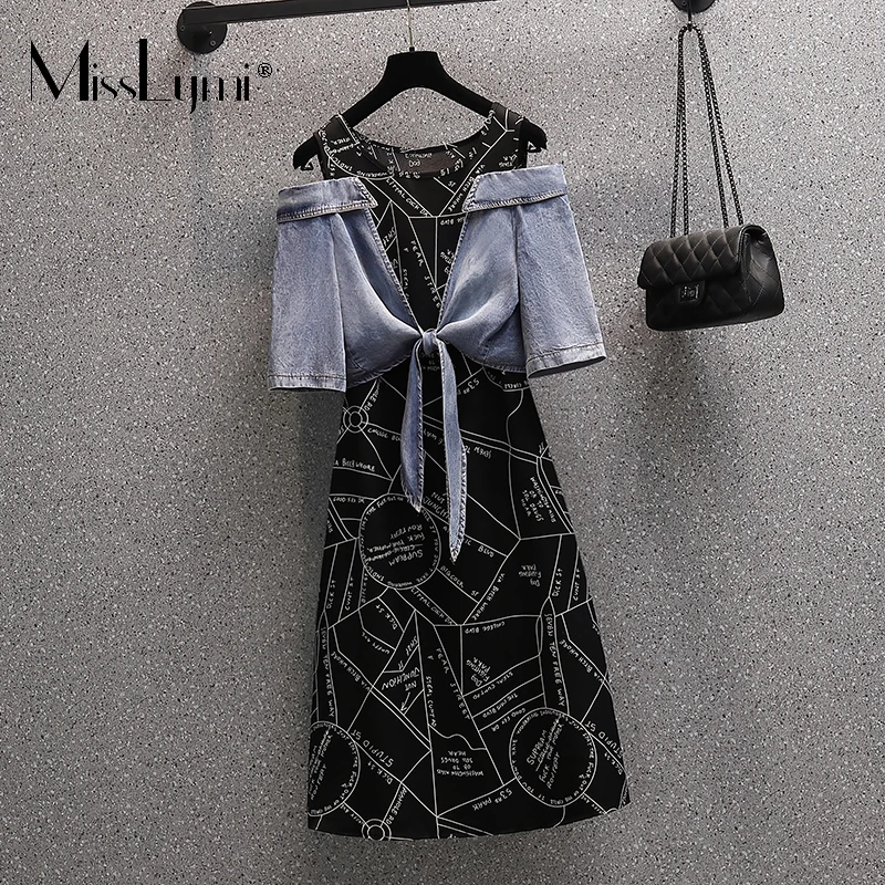 

Mid Dress L-4XL Large Size Women Summer Fake two Pieces Print Dress 2022 Korean Loose Denim Patchwork Chiffon Off Shoulder Dress