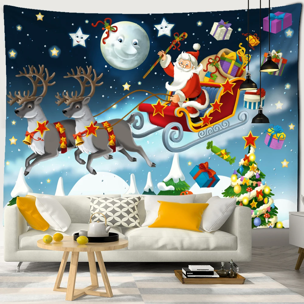 Santa Claus And Sleigh Tapestry Wall Hanging Cartoon Illustration Witchcraft Christmas Day Girl Dormitory Home Decor