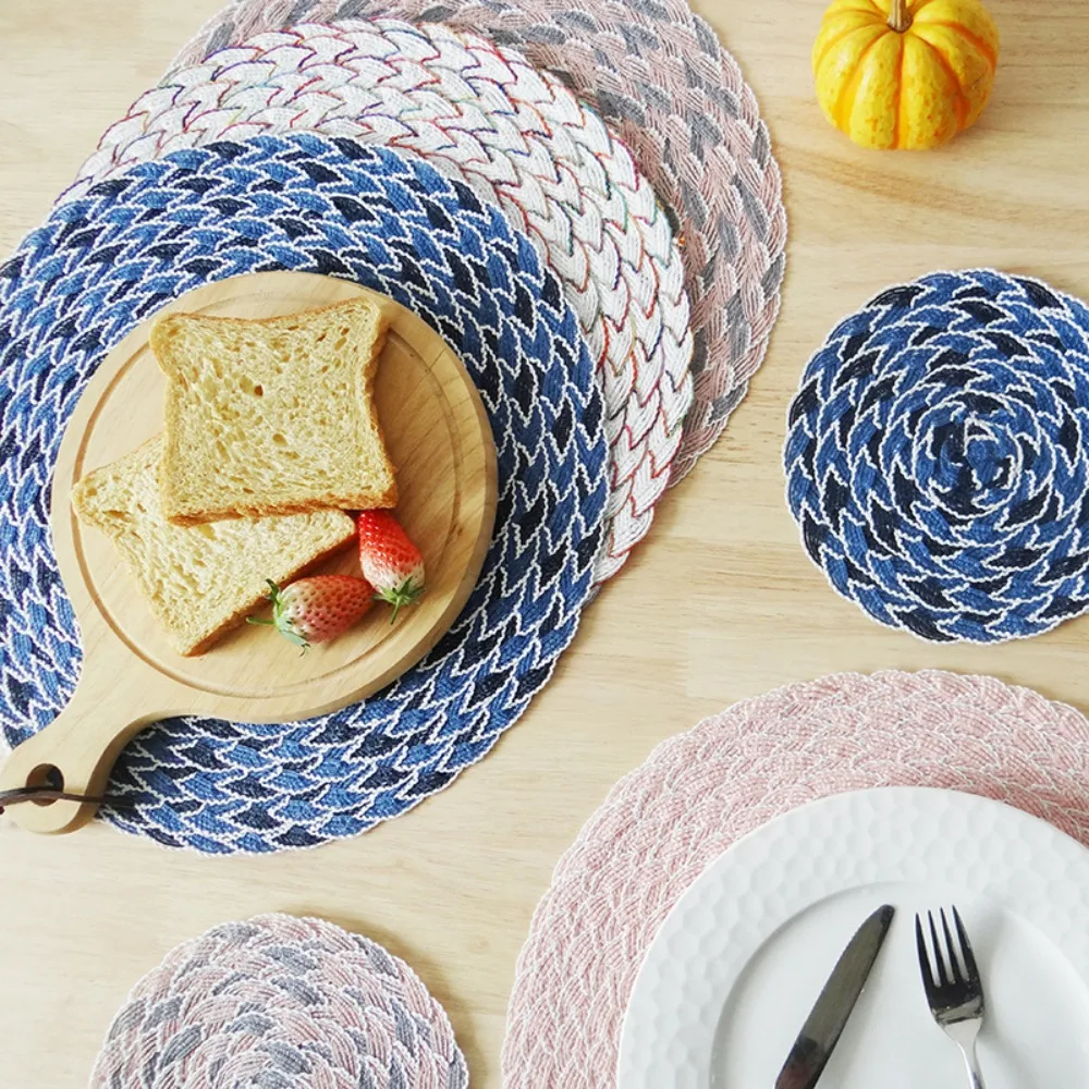 Nordic Scalloped Woven Placemats Round Cotton Rope Heat Resistant Mat Coffee Cup Coaster for Dining Room Kitchen Home Decor