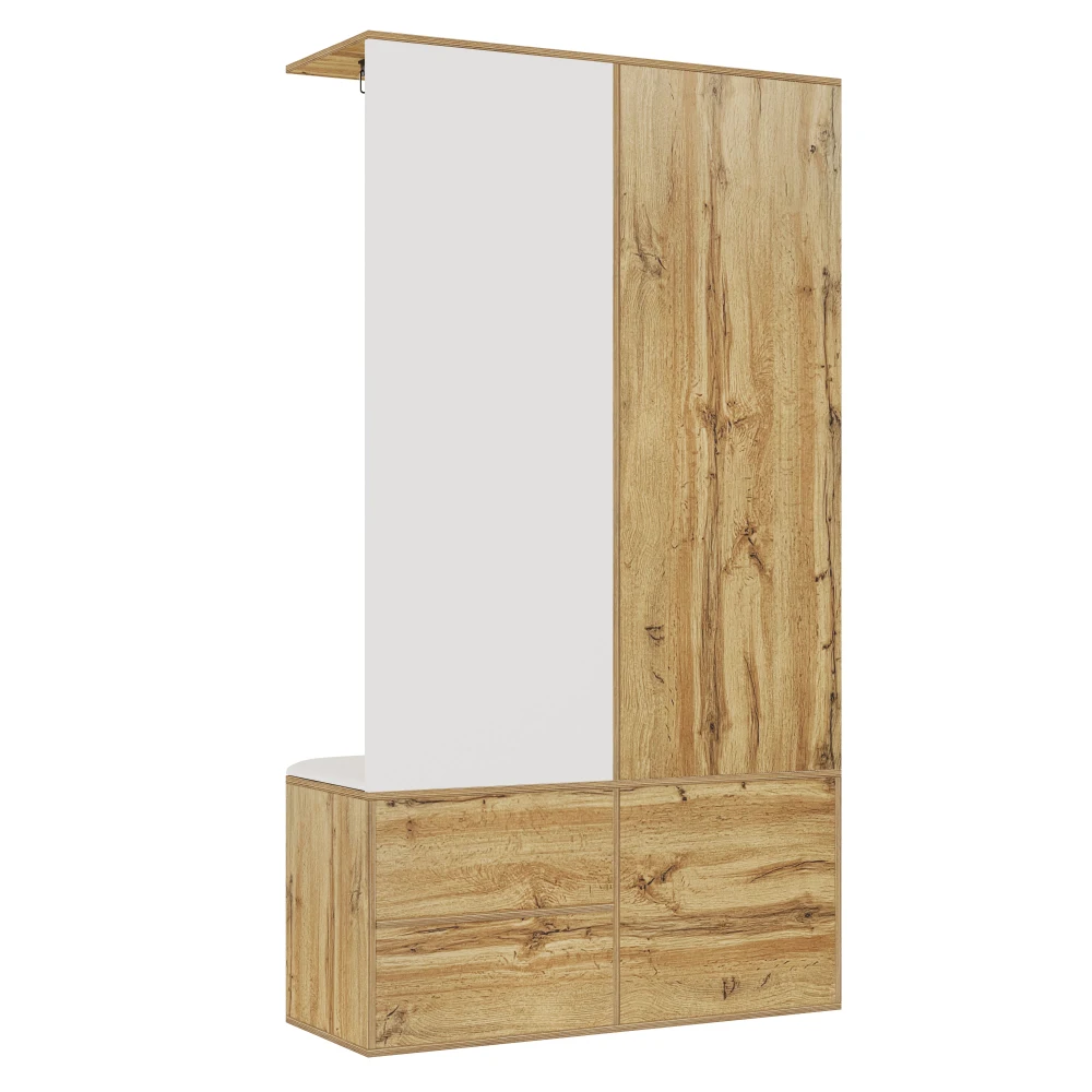 PINGGO Edles Garderoben-Set mit Spiegel, Schuhschrank, Schuhbank mit Haken, ausziehbarer Kleiderstange in Weiß und Holzfarben – Detail 17