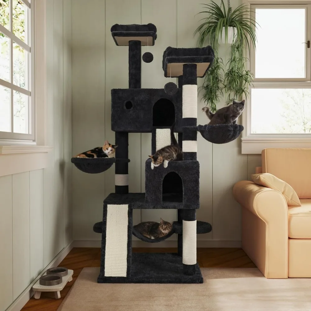 Grande Cat Tree Tower para Indoor Big Cats, Plush Poleiros, Cat Condo, Sisal Arranhar Posts, Rede e Cestas, 66"