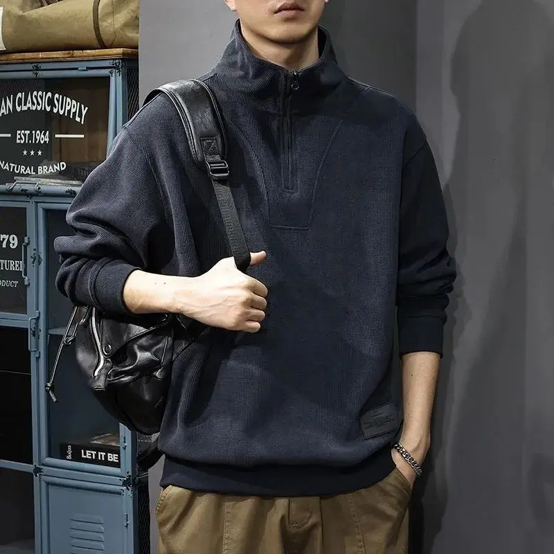 Autumn and Winter Spliced sweatshirt Men's Retro Long-sleeved Polo Shirt Loose Half Zipper Stand Collar T-shirt