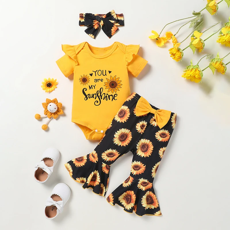 Newborn Baby Girls Outfits Infant Baby Ruffle Sunflower Romper Babysuit Pants Headband 3PCS Summer Clothing Sets