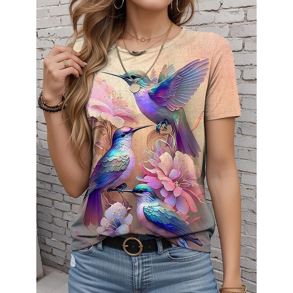 

Bird Pattern Women's T-Shirt Summer Fashion Short Sleeved Casual Top Breathable Micro Elastic O Neck T-Shirt Women's Clothing